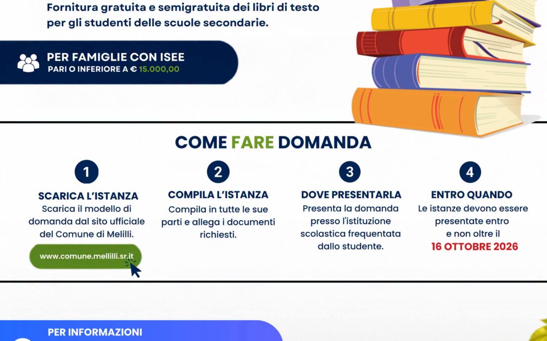 Libri di testo gratuiti a Melilli per l’A.S. 2026/2027: al via le domande