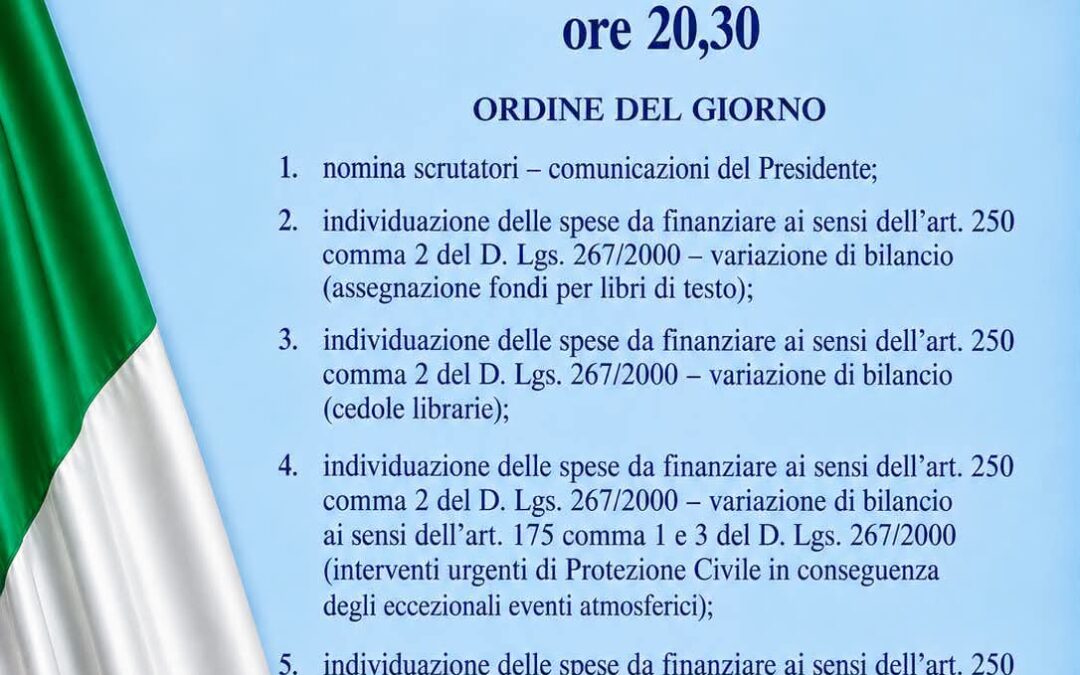 Consiglio Comunale a settembre: tra i punti all’ordine del giorno scuola, protezione civile e sociale