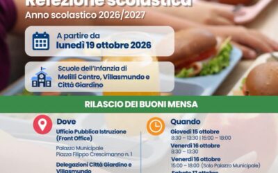 Melilli: al via dal 19 ottobre la refezione scolastica 2026/2027, da oggi il rilascio dei buoni mensa