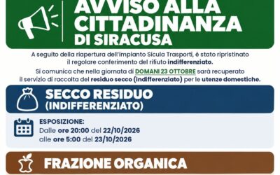 Siracusa, riapre l’impianto Sicula Trasporti: domani 23 ottobre recuperata la raccolta dell’indifferenziato